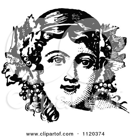 Clipart Of A Retro Vintage Black And White Woman With Grapes And Leaves In Her Hair - Royalty Free Vector Illustration by Prawny Vintage