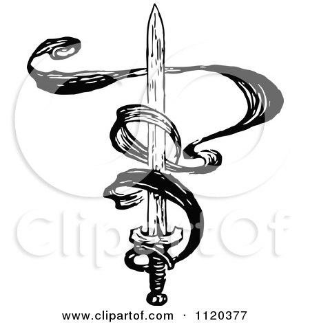 Clipart Of A Retro Vintage Black And White Sword And Ribbon - Royalty Free Vector Illustration by Prawny Vintage