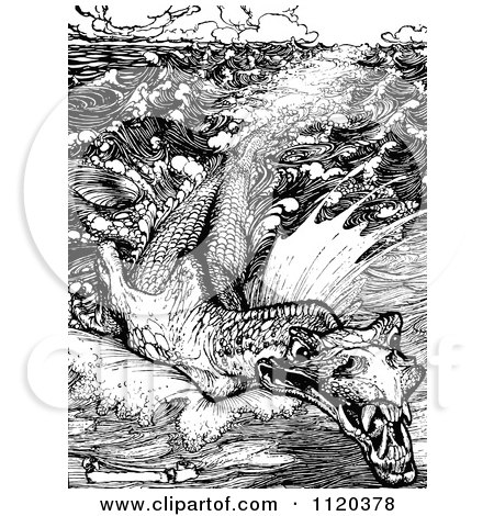 Clipart Of A Retro Vintage Black And White Leviathan Sea Monster - Royalty Free Vector Illustration by Prawny Vintage