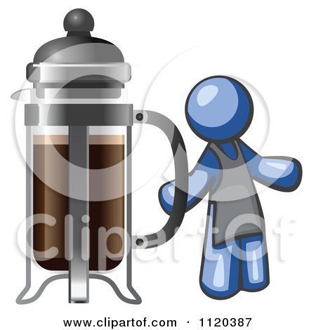 Cartoon Of A Blue Man Barista By A Coffee French Press - Royalty Free Vector Clipart by Leo Blanchette