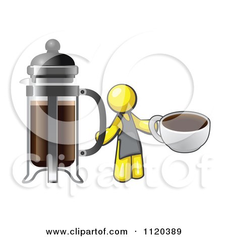 Cartoon Of A Yellow Man Barista Holding A Cup Of Coffee By A French Press - Royalty Free Vector Clipart by Leo Blanchette