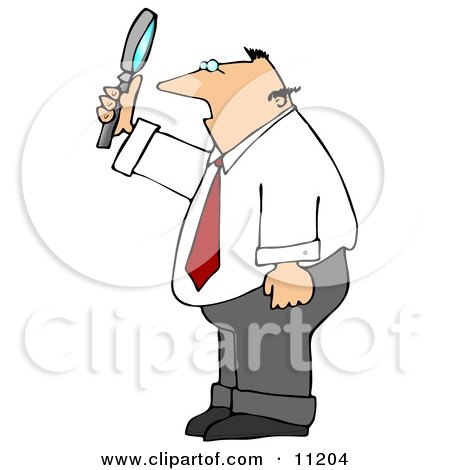 Balding Caucasian Businessman Holding up and Looking Through a Magnifying Glass Clipart Picture by djart