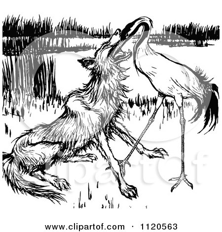 Clipart Of A Retro Vintage Black And White Stork Feeding Fox - Royalty Free Vector Illustration by Prawny Vintage