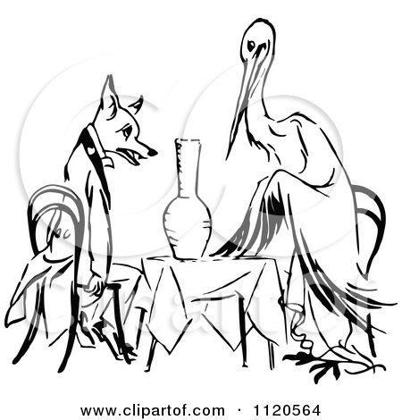 Clipart Of A Retro Vintage Black And White Stork And Fox Dining - Royalty Free Vector Illustration by Prawny Vintage