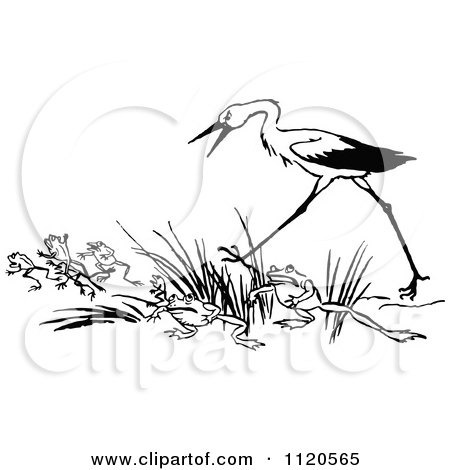 Clipart Of A Retro Vintage Black And White Stork And Frogs - Royalty Free Vector Illustration by Prawny Vintage