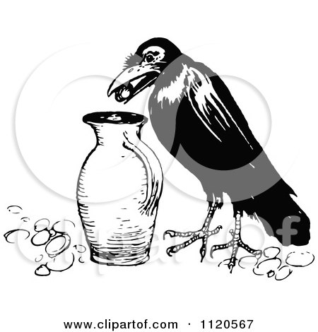 Clipart Of A Retro Vintage Black And White Crow Dropping A Pebble Into A Jug - Royalty Free Vector Illustration by Prawny Vintage