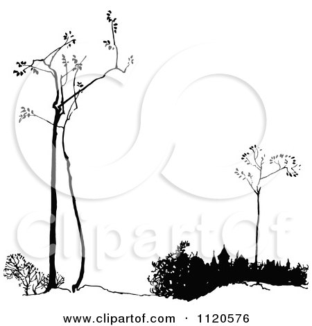 Clipart Of Retro Vintage Black And White Twiglet Trees And Roof Tops - Royalty Free Vector Illustration by Prawny Vintage