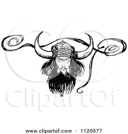 Clipart Of A Retro Vintage Black And White Viking With A Ribbon - Royalty Free Vector Illustration by Prawny Vintage