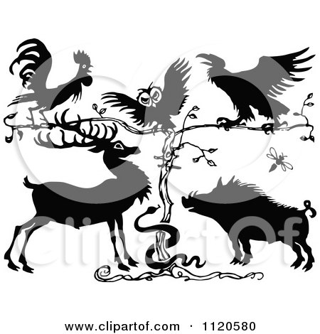 Clipart Of A Retro Vintage Black And White Rooster Owl Crow Deer Snake And Pig By A Tree - Royalty Free Vector Illustration by Prawny Vintage