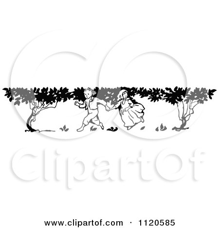 Clipart Of Retro Vintage Black And White Children Running By Trees - Royalty Free Vector Illustration by Prawny Vintage