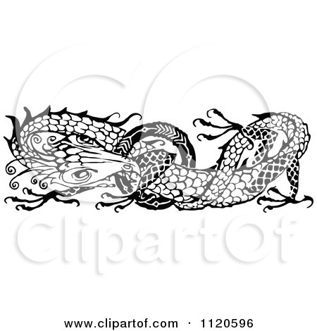 Clipart Of A Retro Vintage Black And White Dragon - Royalty Free Vector Illustration by Prawny Vintage