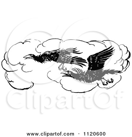 Clipart Of Retro Vintage Black And White Flying Crows - Royalty Free Vector Illustration by Prawny Vintage