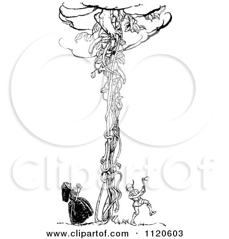 Clipart Of A Retro Vintage Black And White Jack Chopping Down The Beanstalk As The Giant Descends - Royalty Free Vector Illustration by Prawny Vintage