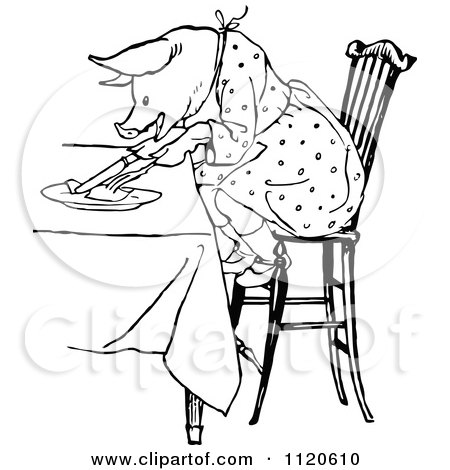 Clipart Of A Retro Vintage Black And White Pig Eating At A Table - Royalty Free Vector Illustration by Prawny Vintage