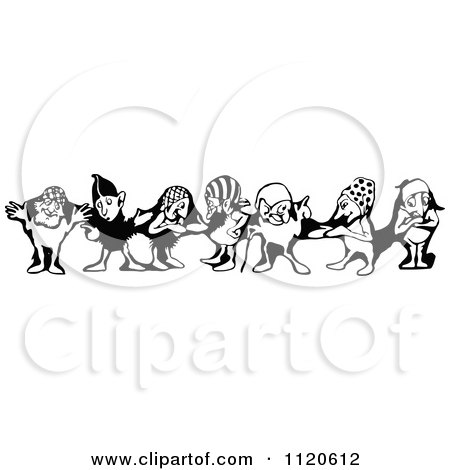 Clipart Of A Retro Vintage Black And White Border Of The Seven Dwarfs - Royalty Free Vector Illustration by Prawny Vintage