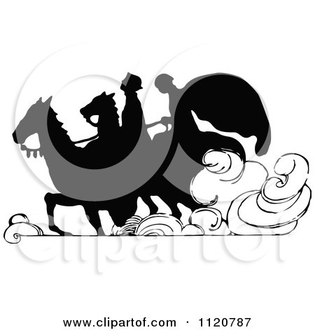 Clipart Of A Retro Vintage Black And White Silhouetted Couple Riding Horses - Royalty Free Vector Illustration by Prawny Vintage