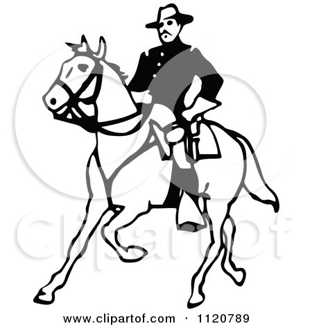 Clipart Of A Retro Vintage Black And White Army Soldier On Horseback - Royalty Free Vector Illustration by Prawny Vintage