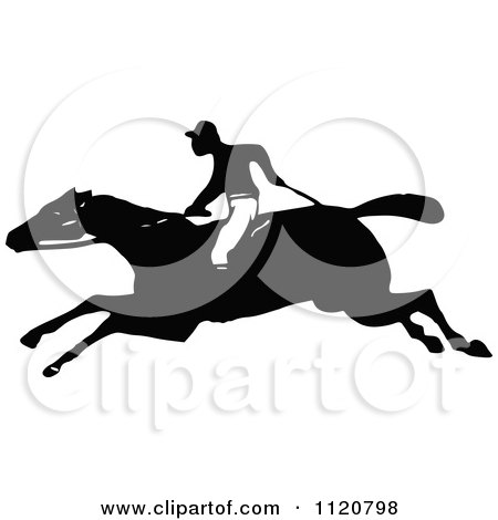 Clipart Of A Retro Vintage Black And White Horse And Jockey - Royalty Free Vector Illustration by Prawny Vintage