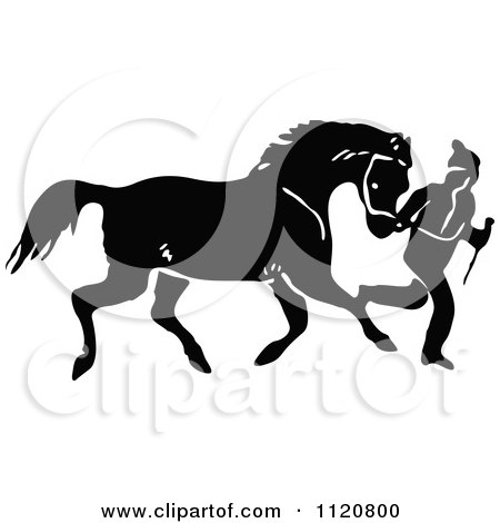Clipart Of A Retro Vintage Black And White Horse Running With Its Master - Royalty Free Vector Illustration by Prawny Vintage