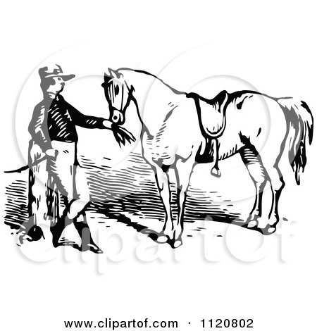 Clipart Of A Retro Vintage Black And White Equestrian Feeding His Horse - Royalty Free Vector Illustration by Prawny Vintage