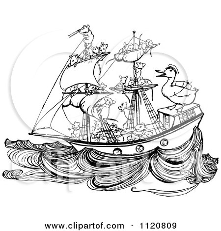 Clipart Of A Retro Vintage Black And White Crew Of Mice Sailing A Ship With A Duck - Royalty Free Vector Illustration by Prawny Vintage