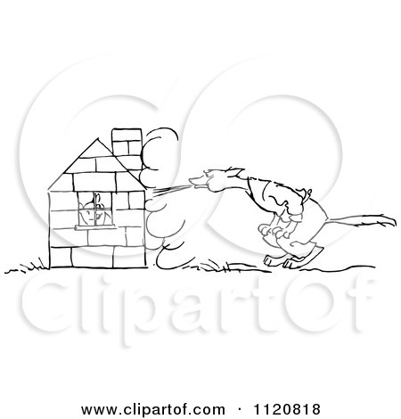 Clipart Of A Retro Vintage Black And White Big Bad Wolf Trying To Blow Down A Pigs House Of Bricks - Royalty Free Vector Illustration by Prawny Vintage