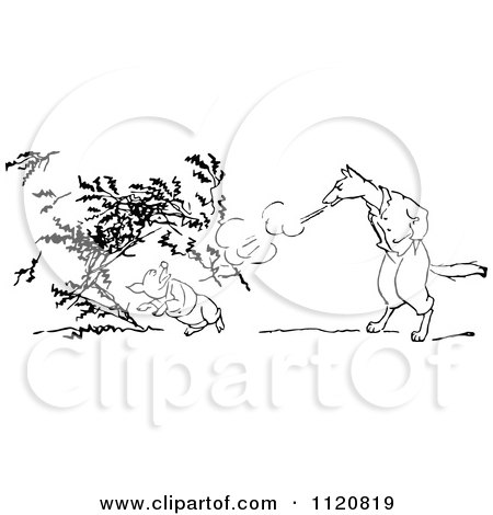 Clipart Of A Retro Vintage Black And White Big Bad Wolf Blowing Down A Pigs House Of Twigs - Royalty Free Vector Illustration by Prawny Vintage
