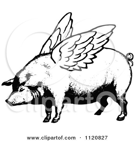 Clipart Of A Retro Vintage Black And White Winged Pig - Royalty Free Vector Illustration by Prawny Vintage