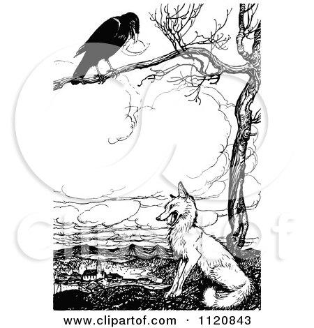 Clipart Of A Retro Vintage Black And White Crow In A Tree Above A Fox - Royalty Free Vector Illustration by Prawny Vintage