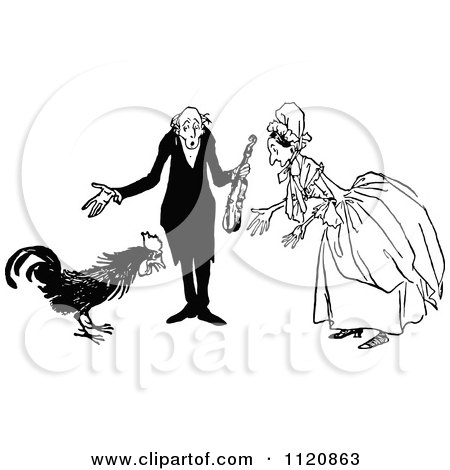 Clipart Of A Retro Vintage Black And White Old Couple And Rooster - Royalty Free Vector Illustration by Prawny Vintage