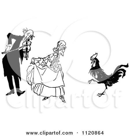 Clipart Of A Retro Vintage Black And White Old Couple And Dancing Rooster - Royalty Free Vector Illustration by Prawny Vintage
