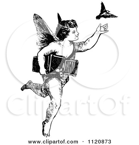 Clipart Of A Retro Vintage Black And White Cherub Releasing A Bird - Royalty Free Vector Illustration by Prawny Vintage
