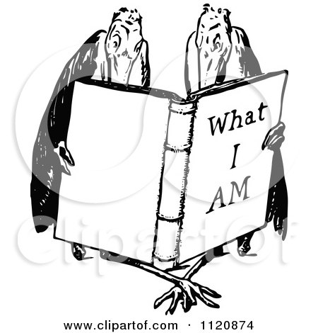 Clipart Of Retro Vintage Black And White Birds Reading A What I Am Book - Royalty Free Vector Illustration by Prawny Vintage