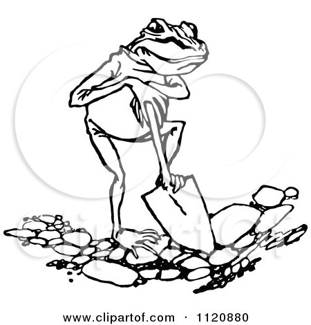 Clipart Of A Retro Vintage Black And White Frog Digging - Royalty Free Vector Illustration by Prawny Vintage