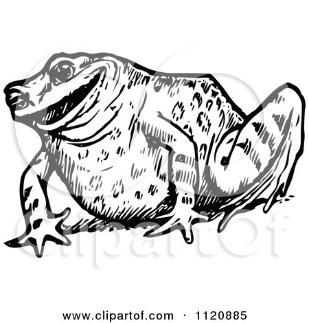 Clipart Of A Retro Vintage Black And White Happy Frog - Royalty Free Vector Illustration by Prawny Vintage
