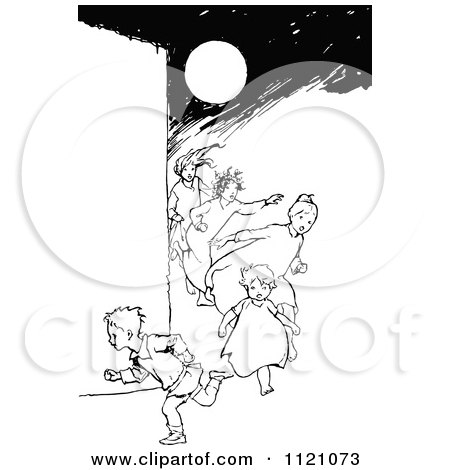Clipart Of Retro Vintage Black And White Children Running In The Night - Royalty Free Vector Illustration by Prawny Vintage