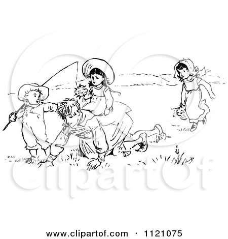 Clipart Of A Retro Vintage Black And White Children Playing In A Meadow - Royalty Free Vector Illustration by Prawny Vintage
