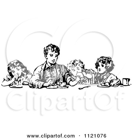 Clipart Of A Retro Vintage Black And White Boy Eating With His Siblings - Royalty Free Vector Illustration by Prawny Vintage