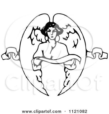 Clipart Of A Retro Vintage Black And White Angel Holding A Ribbon - Royalty Free Vector Illustration by Prawny Vintage
