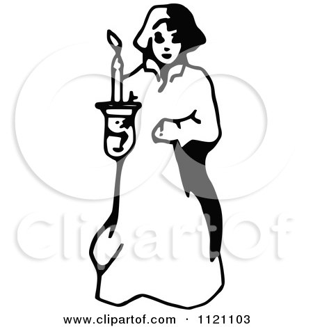Clipart Of A Retro Vintage Black And White Girl In A Night Gown With A Candle - Royalty Free Vector Illustration by Prawny Vintage