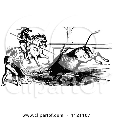 Clipart Of A Retro Vintage Black And White Matador And Spearman In A Bull Fight - Royalty Free Vector Illustration by Prawny Vintage