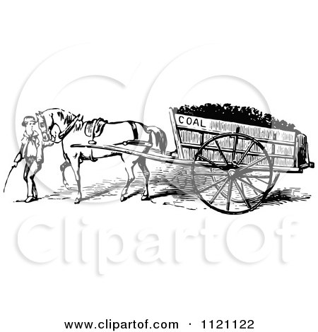 Clipart Of A Retro Vintage Black And White Boy Leading A Horse Pulling A Coal Cart - Royalty Free Vector Illustration by Prawny Vintage