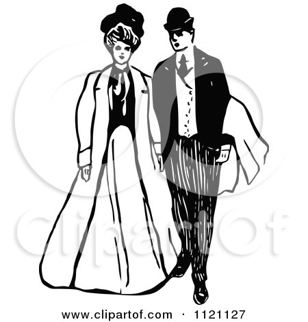 Clipart Of A Retro Vintage Black And White Victorian Couple 2 - Royalty Free Vector Illustration by Prawny Vintage