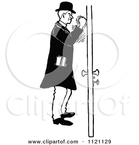 Clipart Of A Retro Vintage Black And White Angry Man Knocking On A Door - Royalty Free Vector Illustration by Prawny Vintage
