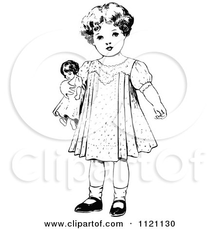 Clipart Of A Retro Vintage Black And White Girl Standing With A Doll - Royalty Free Vector Illustration by Prawny Vintage