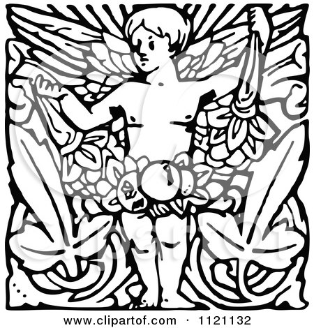 Clipart Of A Retro Vintage Black And White Cherub With Leaves - Royalty Free Vector Illustration by Prawny Vintage