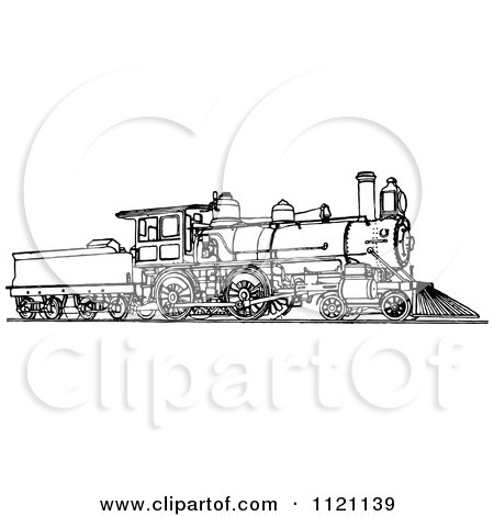 Clipart Of A Retro Vintage Black And White Locomotive Train 1 - Royalty Free Vector Illustration by Prawny Vintage