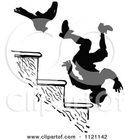 Clipart Of A Retro Vintage Black And White Boot Kicking A Man Down Stairs - Royalty Free Vector Illustration by Prawny Vintage