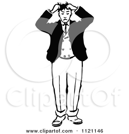 Clipart Of A Retro Vintage Black And White Man Pulling His Hair - Royalty Free Vector Illustration by Prawny Vintage