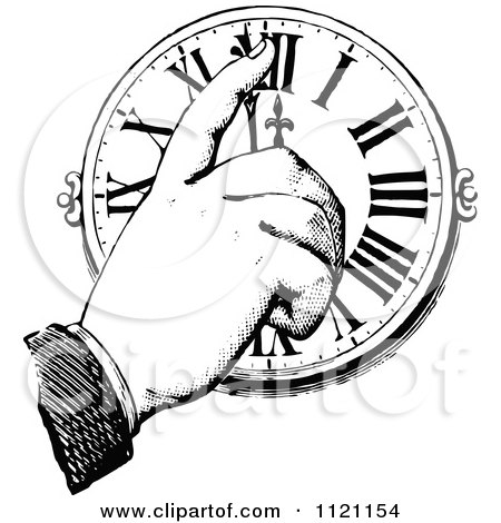 Clipart Of A Retro Vintage Black And White Hand Pointing To A Clock - Royalty Free Vector Illustration by Prawny Vintage